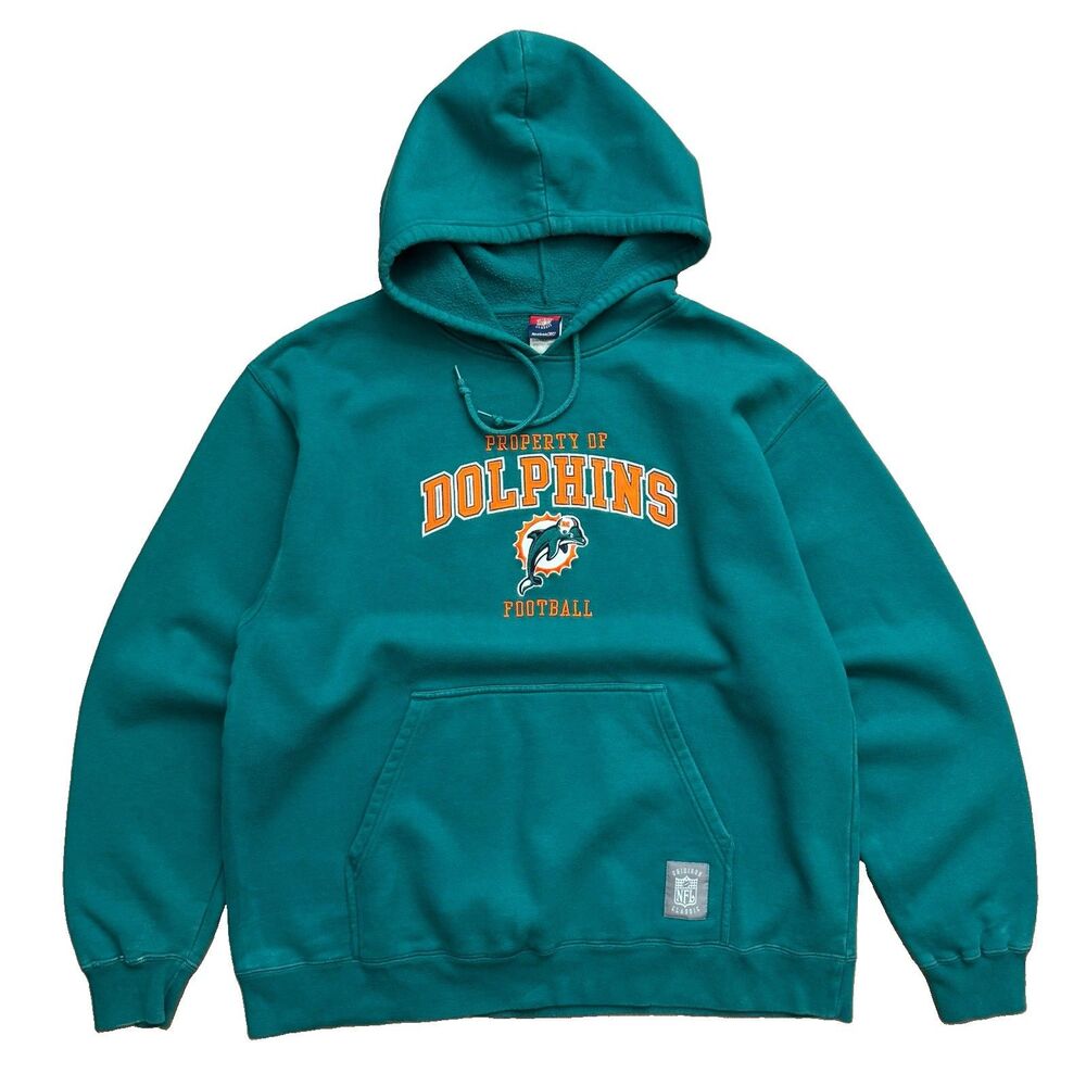 Vintage 90s Reebok Miami Dolphins Hoodie Sweater Size L Gridiron Classic Green